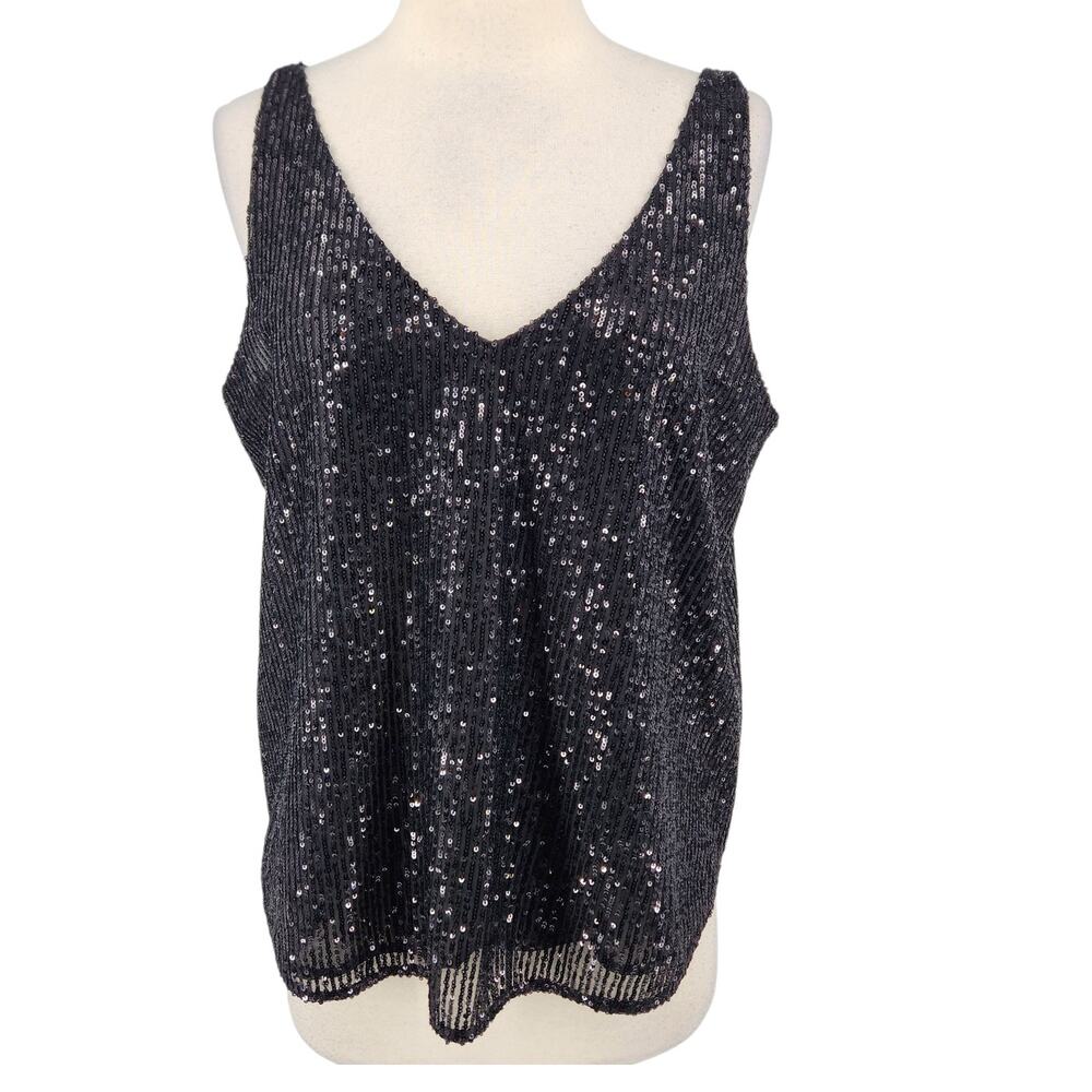 LOFT Top – Black Sequin Sheer Tank with V-Neck Front & Back